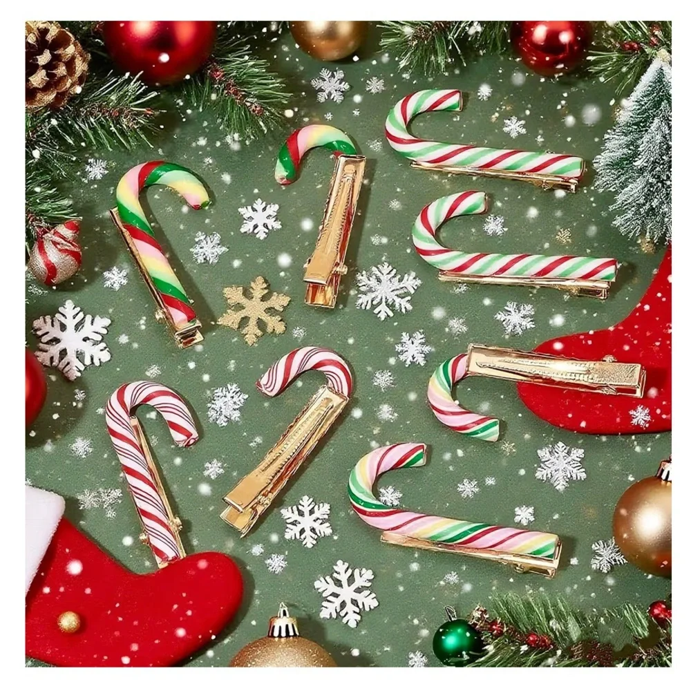 🆕 8 PCS Festive Candy Cane Hair Clips for Christmas